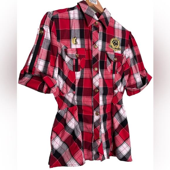 COOGI Button Down Shirt Roll Tab Long Sleeves Red Black Plaid Elastic Waist Sz L - Picture 2 of 12